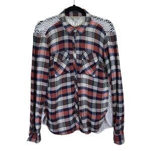 Lucky Brand Womens Flannel Crochet Button Up Shirt Size Small Plaid Western Boho